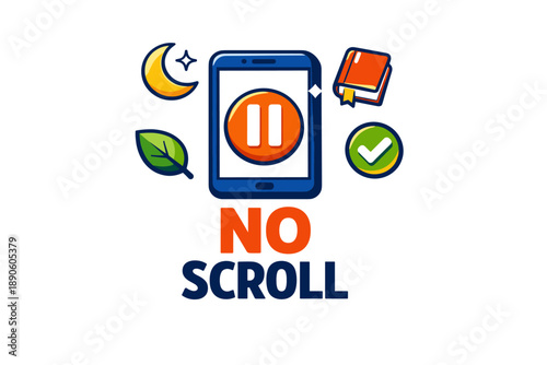 Digital detox: pause symbol on tablet with moon, leaf, book, and checkmark icons