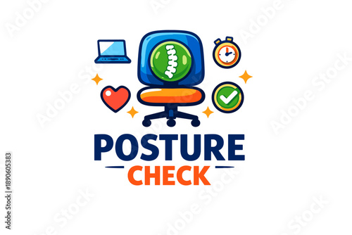 Ergonomic office chair illustration with laptop, heart, and checkmark icons