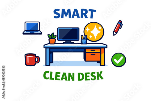 Smart clean desk workspace with computer and office supplies illustration