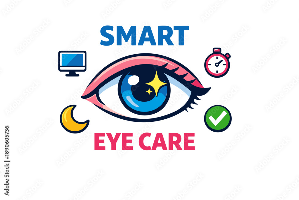 Obraz premium Smart eye care design with icons: computer, stopwatch, moon, check mark
