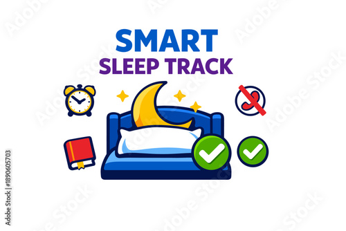 Smart sleep track app icon with bed, moon, clock, and check marks