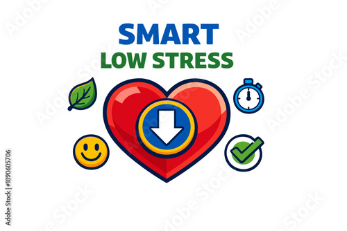 Heart health icons: stress management with smiley face, leaf, stopwatch, check mark