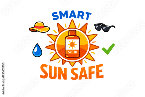 Sun safety tips: spf 30 essentials with hat and sunglasses icons