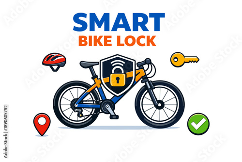 Smart bike lock with helmet, key, location pin, and checkmark icons