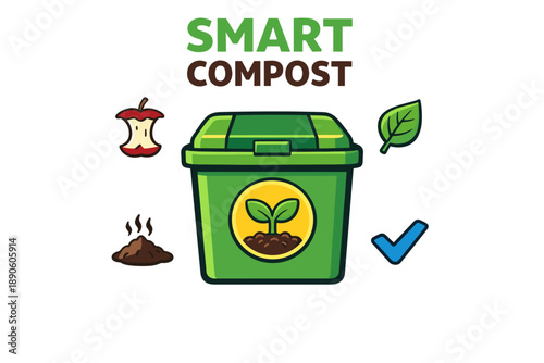 Smart compost bin with apple core, leaf, soil, and check mark symbols