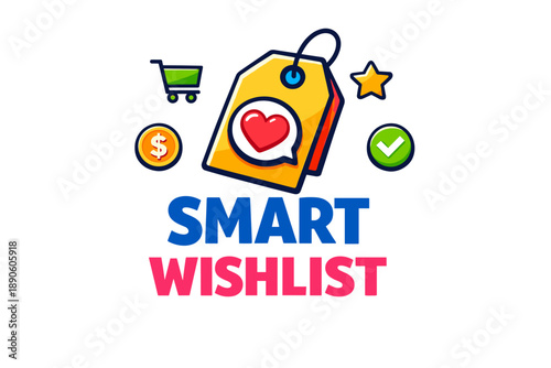Smart wishlist icon set with heart, shopping cart, and tags