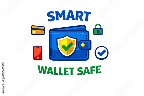 Smart wallet safe: digital security with mobile and card protection icons