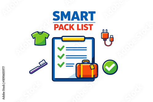Smart pack list icon with luggage, checklist, and travel essentials