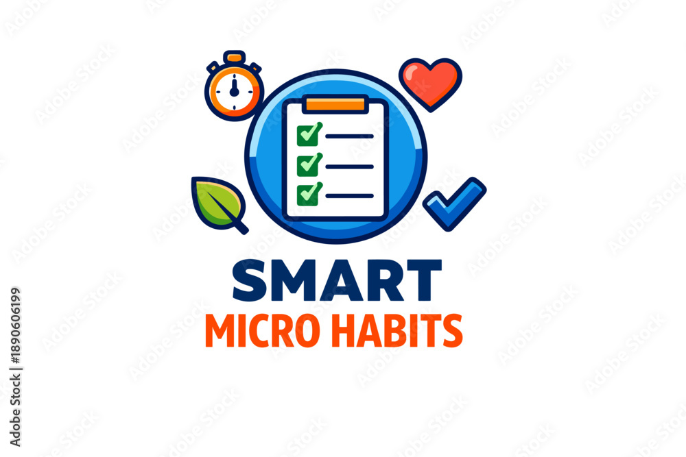 Obraz premium Smart micro habits concept with checklist, timer, leaf, heart, checkmark icons