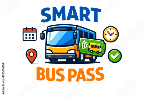 Smart bus pass graphic with bus, calendar, clock, location pin, and checkmark icons