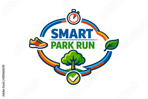 Smart park run logo with running shoe stopwatch tree and leaf design
