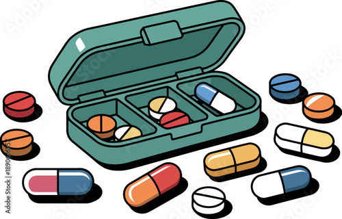 A green pill box with various colorful pills and capsules scattered around it on a white background.