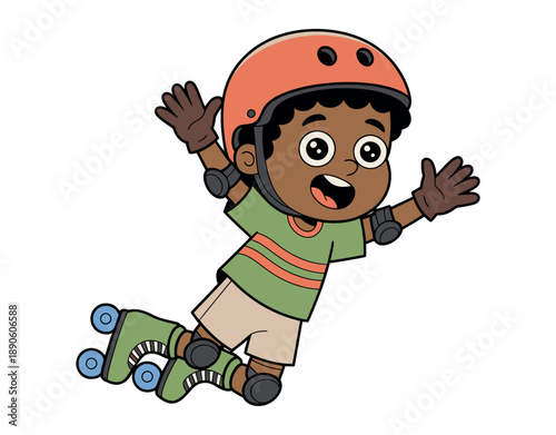 A young boy having fun while rollerblading in a green shirt and orange helmet
