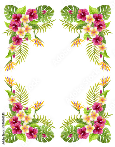Tropical flowers frame. Floral tropics ornament. Watercolor painting with pink Hibiscus rose flowers and palm leaves. Tropic summer composition.