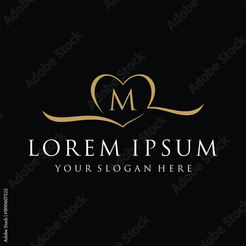 Initial letter M heart love logo design, luxury elegant logo graphic concept