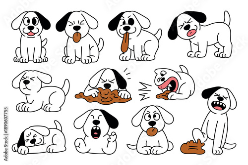 A cartoon illustration of a dog experiencing various emotions while picking up poop