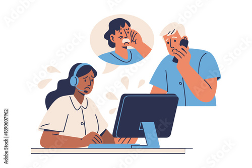 A stressed woman wearing a headset sits at a computer while a man talks on the phone, conveying a sense of frustration and anxiety in a customer service environment.