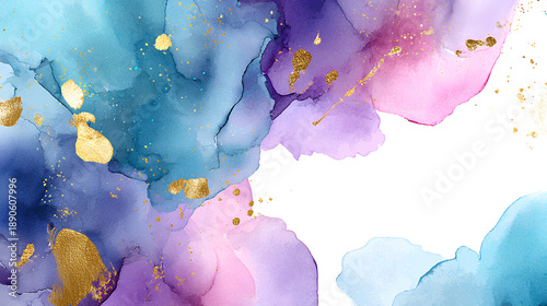 Abstract watercolor style illustration with light blue and purple paint stains on a white background and golden splashes, design template for card, wedding invitation or birthday, white background