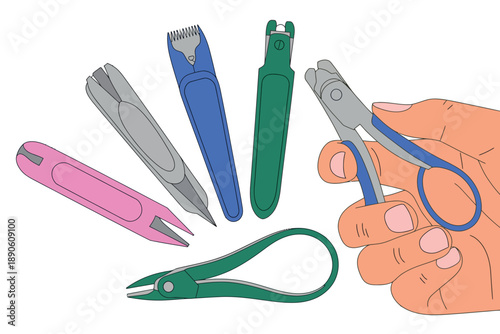 A hand holding a pair of scissors surrounded by various nail clippers and grooming tools.