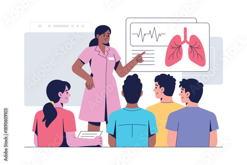A female doctor in a pink uniform is giving a presentation about lung health to a group of people in a classroom setting.