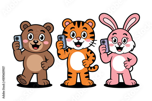 Three cartoon animals, a bear, tiger, and rabbit, taking selfies with smartphones