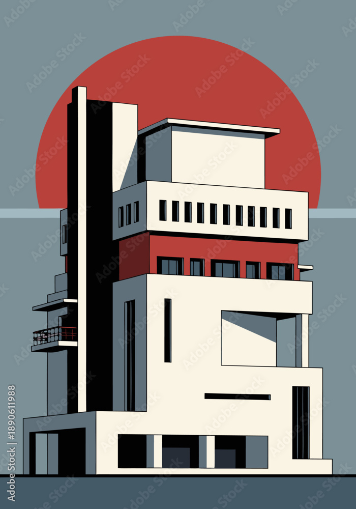 Fototapeta premium Modernist building illustration vector - a striking architectural artwork with clean lines and geometric shapes