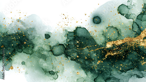 Dark green watercolor paint on white background with hand drawn blots, marble background with gold stripes and glitter dust, wedding or birthday invitation card template, white background