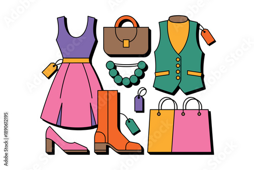 A colorful illustration of fashionable clothing and accessories for women, including dresses, handbags, and jewelry.