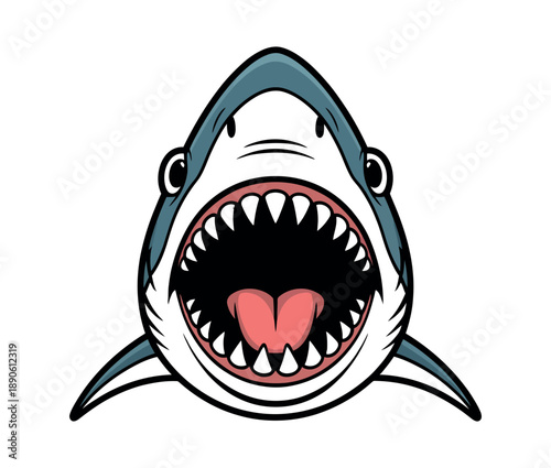 A cartoon shark with its mouth open wide showing sharp teeth on a white background