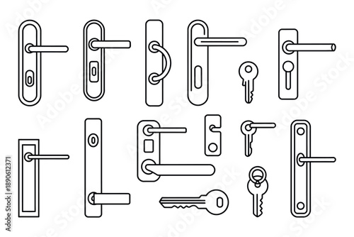 A collection of various door handles and keys on a white background