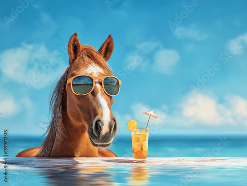 Horse wearing orange sunglasses leans at a pool. A cocktail with orange slice and umbrella sits at the pool edge.
