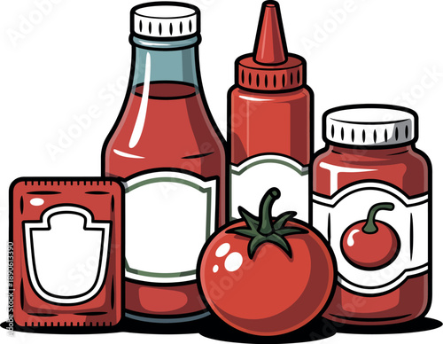 A colorful illustration of various condiments and a fresh tomato on a white background