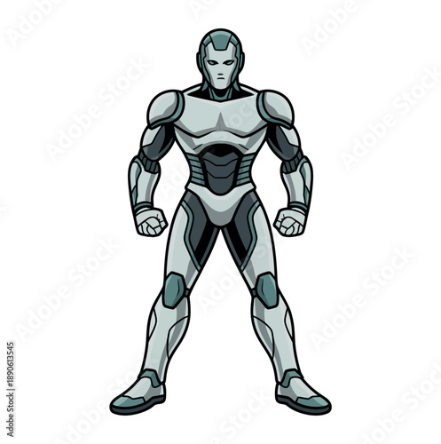 A powerful cartoon superhero stands confidently in a sleek gray and black costume