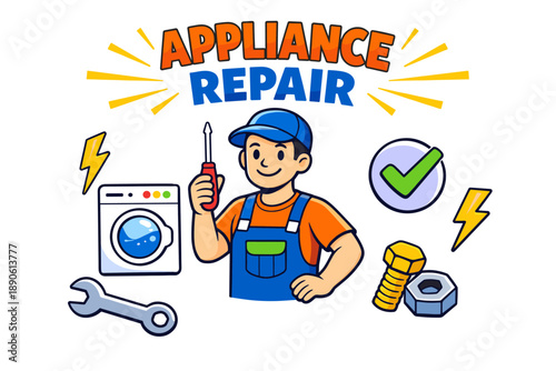 Male technician with tools for appliance repair cartoon illustration