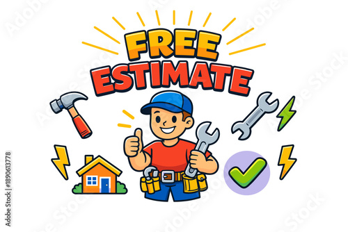 Cheerful cartoon handyman offering free estimate with tools and symbols