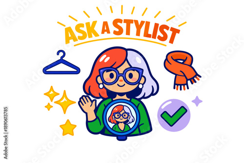 Colorful asian female stylist illustration with fashion accessories