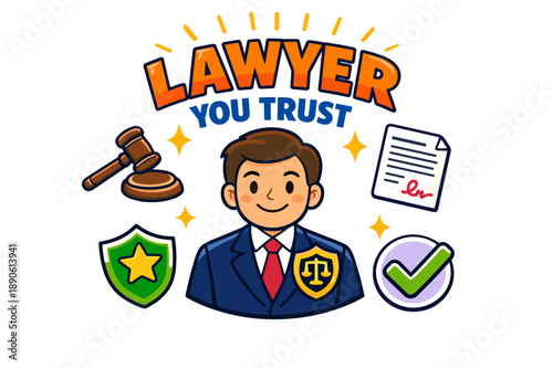 Trustworthy male lawyer cartoon illustration with legal symbols and icons
