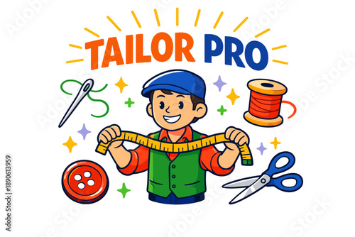 Cartoon tailor character with sewing tools and tape measure