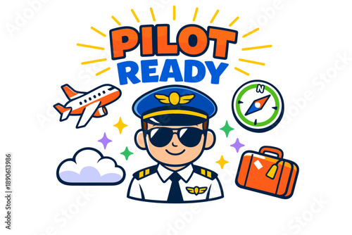 Cartoon pilot with airplane and travel icons in colorful design