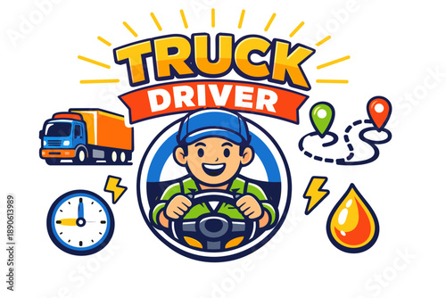 Smiling cartoon male truck driver and journey elements illustration