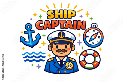 Cartoon ship captain illustration with anchor, compass, and lifebuoy icons