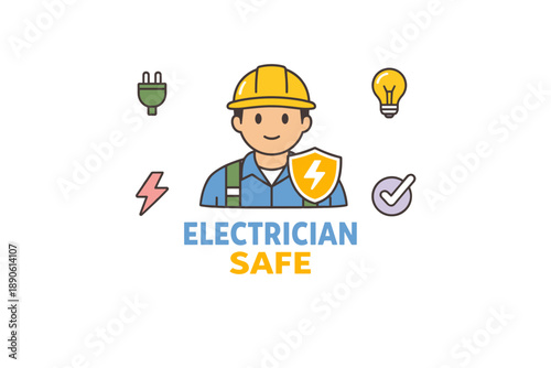 Cartoon electrician with safety gear and electrical symbols