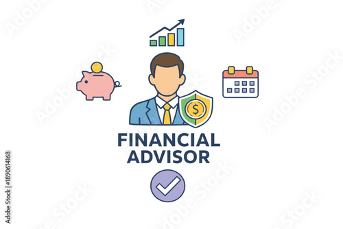 Financial advisor illustration with icons of piggy bank, calendar, and growth chart