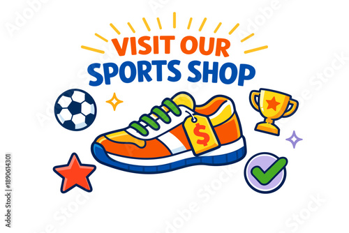 Colorful sports shop promotion with athletic shoe and sports icons