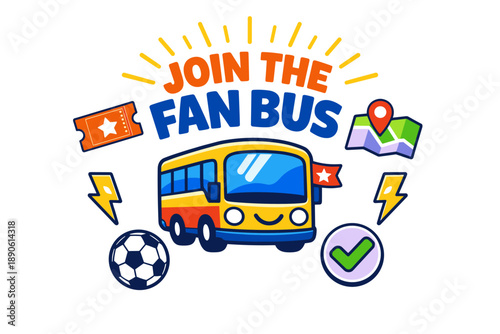 Colorful soccer fan bus with map, tickets, and icons promoting sports adventure