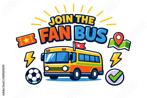 Join the fan bus: bright yellow bus with icons for travel enthusiasts