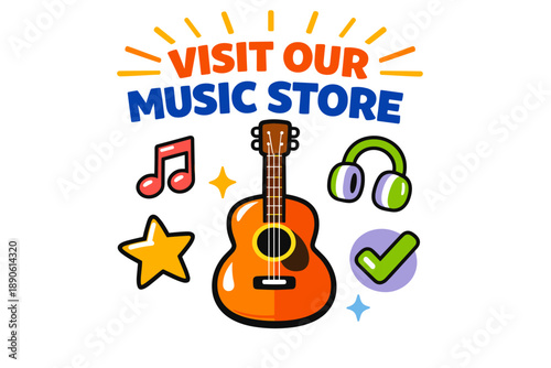 Colorful music store illustration with guitar, headphones, and icons