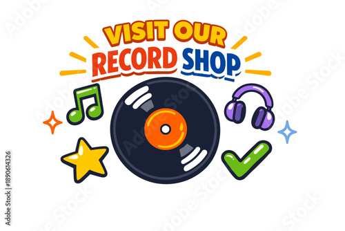 Colorful vinyl record shop promotion with music icons