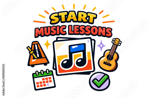 Start music lessons: metronome, guitar, calendar, and note icon design
