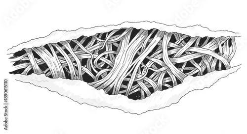 Torn paper revealing shredded documents inside a ripped hole viewed from above